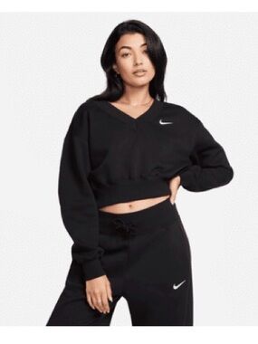 Nike Black Cropped V-Neck Sweatshirt with White Swoosh